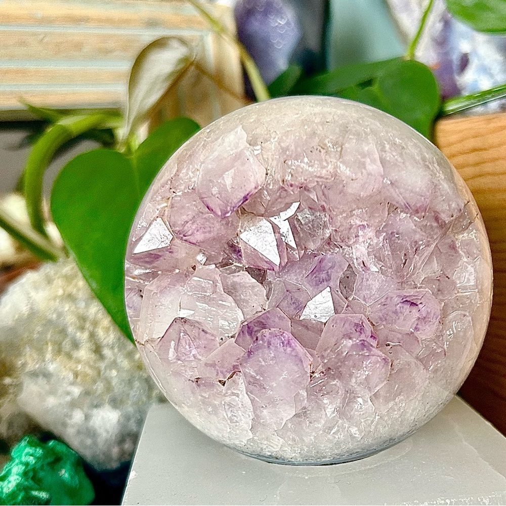 Lavender Amethyst Geode Sphere with Natural Agate Back from Brazil